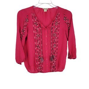 LUCKY BRAND Small 3/4 Sleeve BOHO Tassel Pink Embroidered Blouse